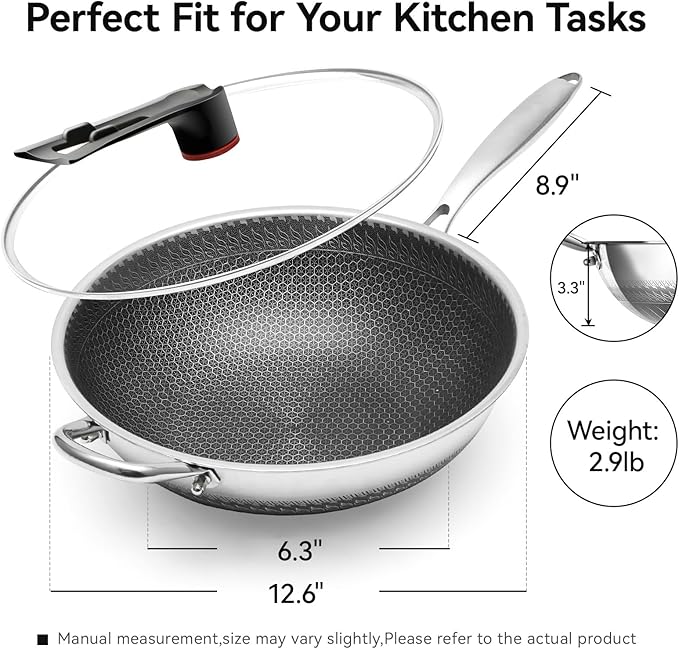 WANGYUANJI Upgraded Coating-Free 12.6" Stainless Steel Wok with Lid ??Enhanced Multi-Layer Steel, Flat-Bottom Stir-Fry Pan, Honeycomb Surface, Induction & Oven Safe