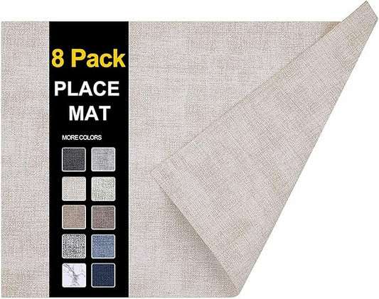 homing Faux Leather Heat Resistant Placemats 8 Packs, Waterproof Wipeable Dining PU Place Mats for Indoor & Outdoor, Easy to Clean, Beige