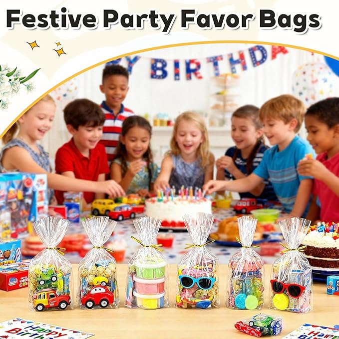 PigPotParty Cellophane Treat Bags 7"x10", 100 Pack Clear Goodie Bags, Bottom Gusset for Stand-Up Display, Small Plastic Gift Wrap for Cookies, Candy, Party Favors, Popcorn, Includes 100 Ties