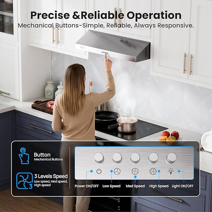 Under Cabinet Range Hood 30 Inch, 1200 CFM Dual-Motor Kitchen Vent with LED Lights, Button Control, Ducted Vent Hood, Reusable 5-Layer Aluminum Filters, Stainless Steel