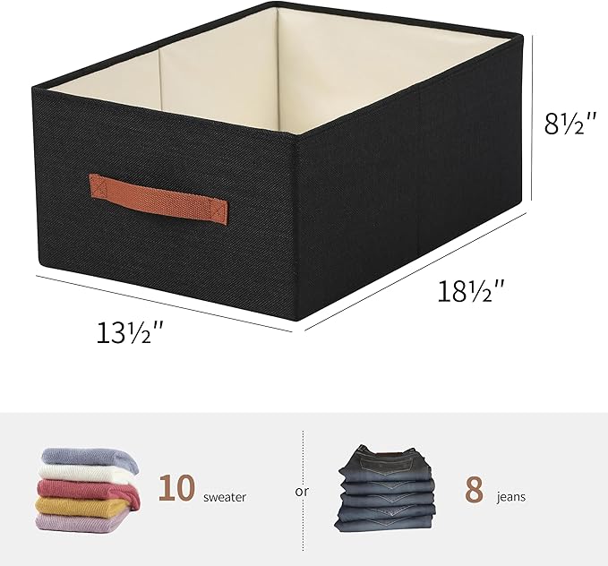 linen closet organizers and storage, 3 Pack Large Storage Baskets, Washable, Clothing Storage Bins with Handle, Closet Organizer for Storage Sweater,Sheets (Black, 18쩍"x13쩍"x8쩍")