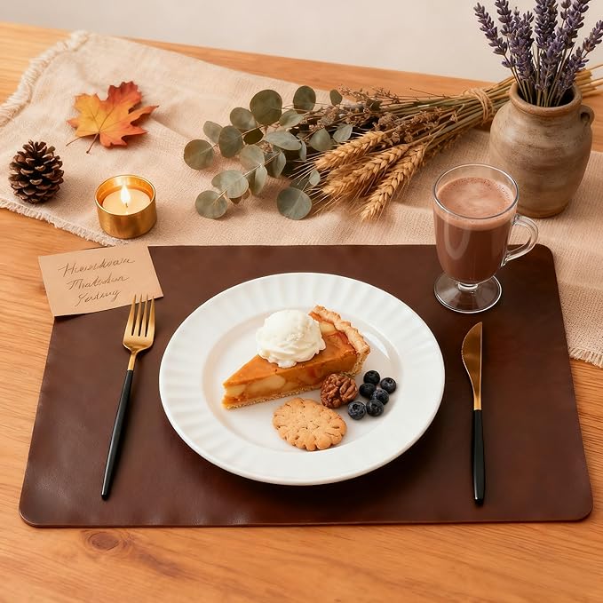 DOLOPL Placemats Set of 6 Reversible Dual-Color Table Placemats – Heat Resistant Wipeable & Brown Placemats, Faux Leather Table Mats for Vintage Table Decor（Dark Brown & Black）