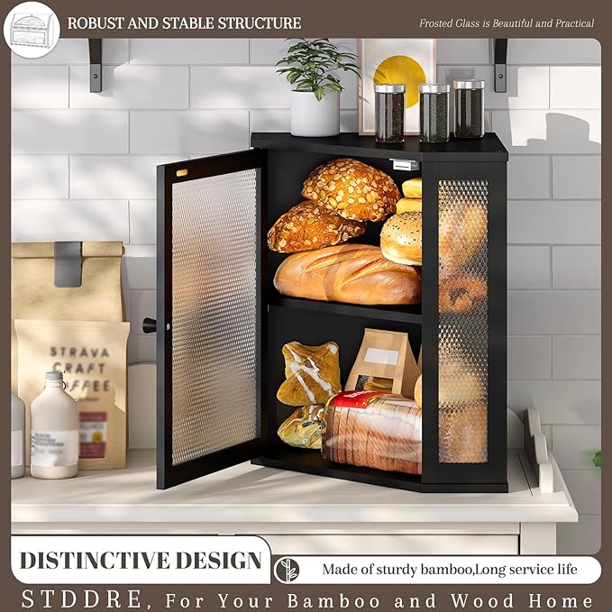 Corner Bread Box Kitchen Countertop Extra Large Capacity Farmhouse Bread Box, Corner Countertop Storage, Double Layer Bread Holder (Black, Extra Large)