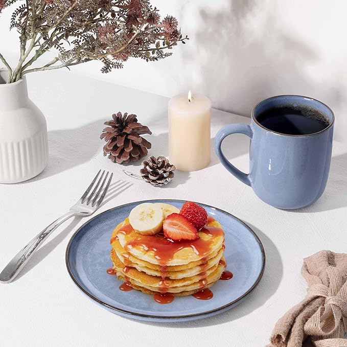 Herogo 6-Piece Stoneware Dinnerware Sets for 2, Stackable Dinner Plates and Bowls Sets, Double Reactive Glaze Dishware Place Setting for Kitchen, Scratch Resistant, Microwave Safe, Haze Blue