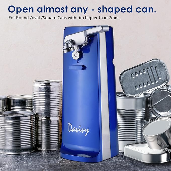 Davivy Electric Can Opener, One Touch Lid Opening, Removable Stainless Steel Cutter and 3-in-1 Design, with Sharpener and Bottle Opener (Blue)