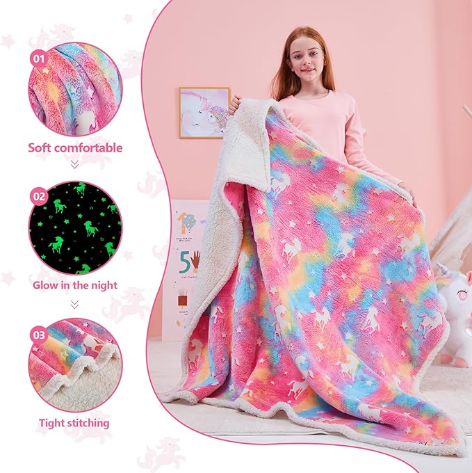QSTEHEML Unicorns Glow in The Dark Blanket,Unicorn Gifts Sherpa Fleece Throw Blanket for Girls Age 3-12 Year Old, for Teens- Christmas Birthday Bedroom Decor 50"횞60"