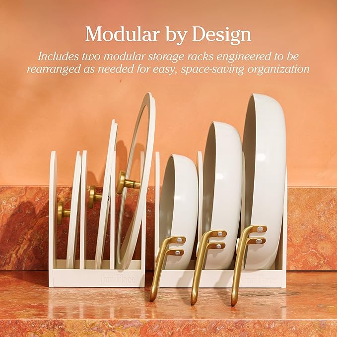 Our Place 8-Piece Essentials Complete Cookware Set - Ceramic Fry Pan Trio & Modular Rack Storage | Nontoxic Thermakind??Nonstick, Oven Safe up to 450째F & Compatible with All Cooktops | Cream