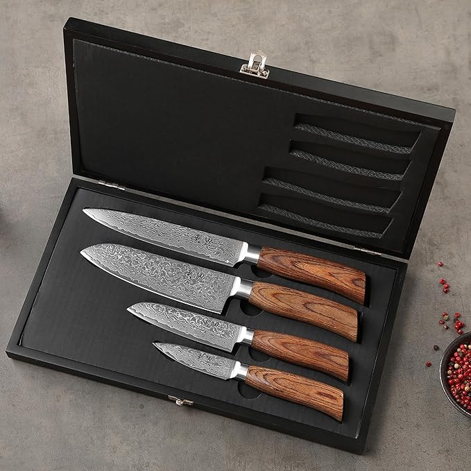 Wakoli EDIB Pro 4-Piece Damascus Knife Set ??Professional Chef Knives Set with VG10 Core Blades, 67-Layer Damascus Steel and Ergonomic Pakkawood Handles ??Premium Kitchen Knives in Elegant Gift Box