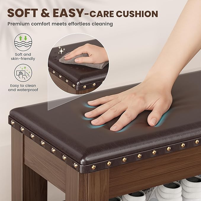 Shoe Bench for Entryway, Solid Rubberwood Shoe Bench with Hidden Storage, Adjustable 2-Tier Shelves & Soft PU Leather Seat, Shoe Rack Durable Easy Assembly for Hallway or Bedroom - Brown, 47.28"