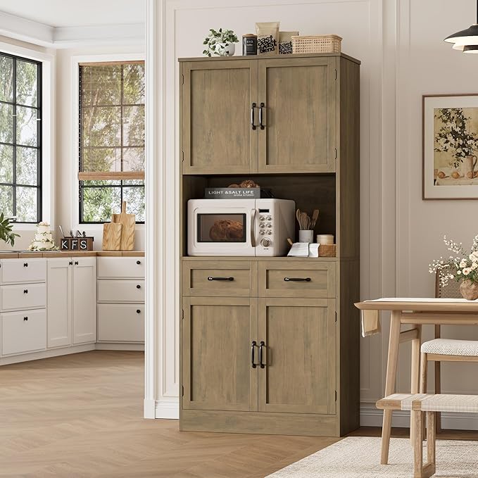 HOSTACK 71??Tall Kitchen Pantry Storage Cabinet, Modern Kitchen Hutch Bar Cabinet with Microwave Stand, Wood Buffet Sideboard with Hutch, Cupboard with Drawers, Shelves for Dining Room, Rustic Brown