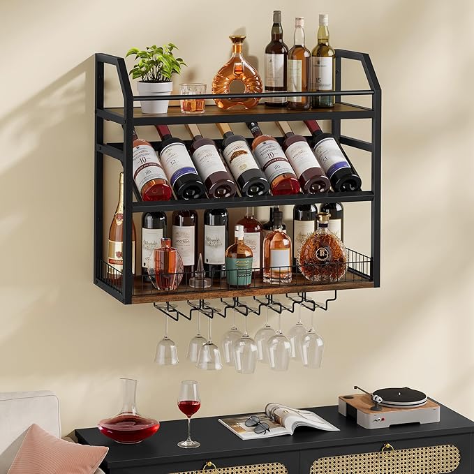Hoctieon Wall Mount Wine Rack, Wall Mounted Wine Bottle Rack for Display and Storage, Hanging Bottle Holder, for Living Room, Dining Room,Bar, Wine Cellar, Rustic Brown