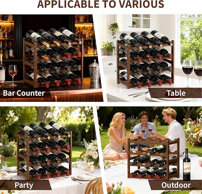 Wine Rack 16-Bottle Capacity, Space-Saving Countertop Wine Storage Organizer ??Sturdy Bamboo Wine Holder for Kitchen, Bar,Cabinets & Pantry, Easy Access & Clutter-Free Organization(4-Tiers)