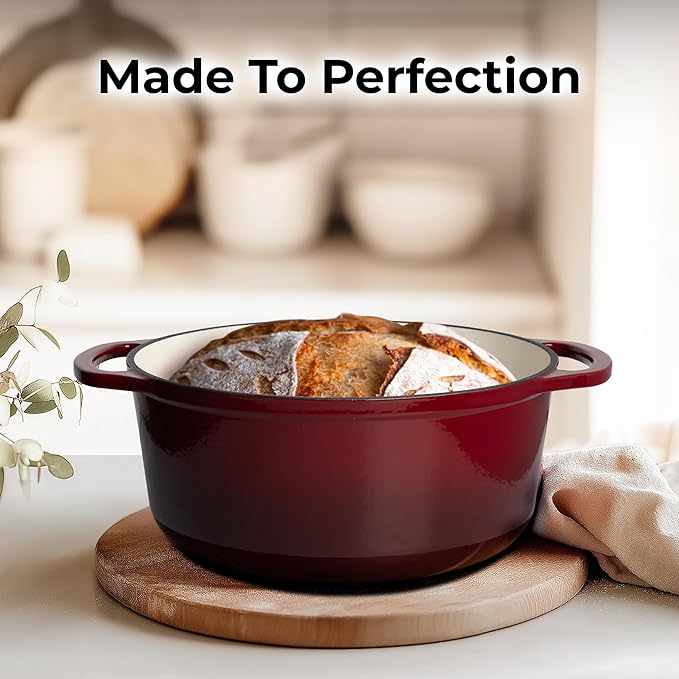 Zulay Kitchen 6 Quart Enameled Cast Iron Dutch Oven Pot with Lid ??Premium Durability & Oven Safe up to 500째F ??Heavy Duty Cookware Perfect for Bread Baking, Stews, Braising & Roasting ??Garnet