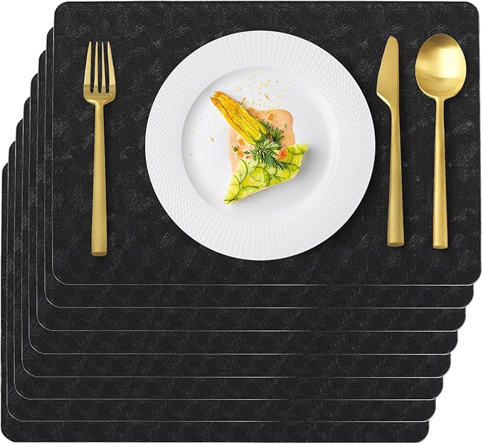 Uolr Vinyl Placemats Set of 6 Faux Leather 100% Waterproof Wipeable Washable Place Mats Heat Resistant Easy Clean Non-Slip Table Mats for Indoor Outdoor. (6,Black)