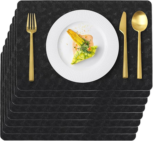 Uolr Vinyl Placemats Set of 6 Faux Leather 100% Waterproof Wipeable Washable Place Mats Heat Resistant Easy Clean Non-Slip Table Mats for Indoor Outdoor. (6,Black)