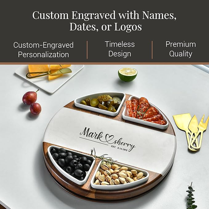Shanik Acacia Wood Lazy Susan Cheese Board Set ??Rotating Charcuterie Platter with 4 Ceramic Bowls & Knives, Round Serving Tray for Weddings & Parties