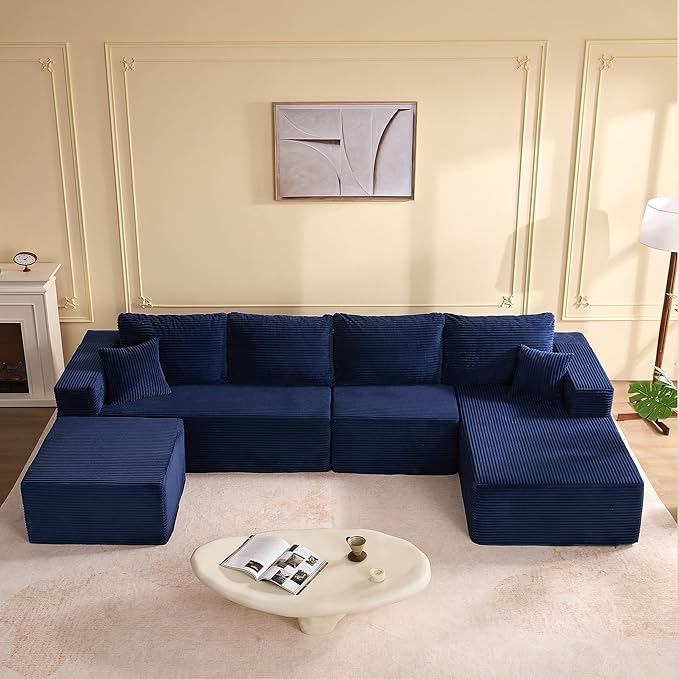 138" Boneless Couch with Deep Seat, Modular Sectional Sofa, Cloud Sectional Couch for Living Room, No Assembly Required, Corduroy, U-Shape 4 Seater Right, Blue