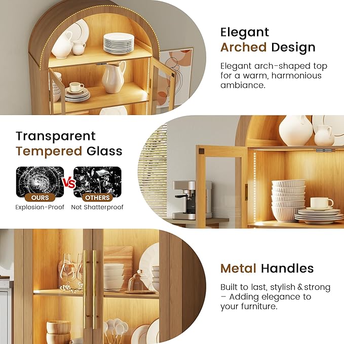 Vlsrka 71" Arched Storage Cabinet with Doors, Display Cabinet with LED Light & Human Sensor, 5-Tier Display Cases for Collectibles, Curio Cabinet with Ajustable Shelf for Living Room(Wood)