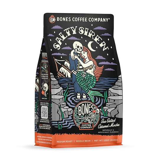 Bones Coffee Company Salty Siren, Sea Salted Caramel Chocolate Flavored Coffee, Medium Roast Low Acid Arabica Beans Compatible with Auto drip and French Press Coffee Maker, 12 Oz Whole Bean