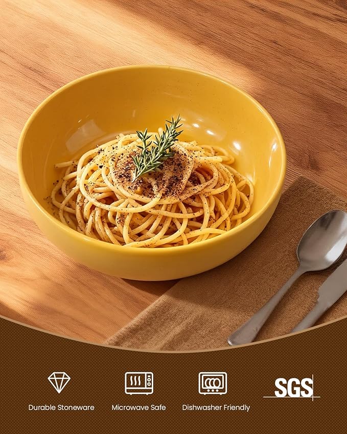 Pasta Bowls Set of 8, 34oz Speckled Ceramic Bowls Set for Serving Salad, Pasta, Soup, Dinner, 8" Wide and Deep Bowls, Dishwasher & Microwave Safe, Matte Terracotta Base (Ginger Yellow)