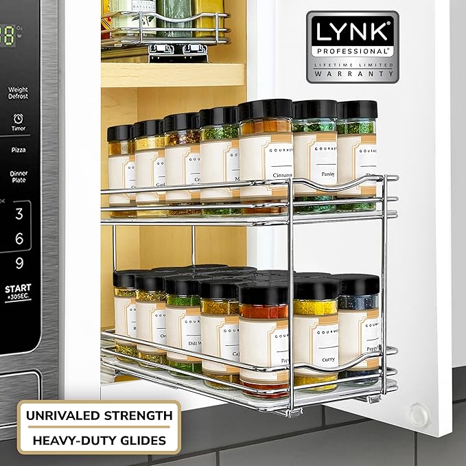 LYNK PROFESSIONAL짰 Pull Out Spice Rack Organizer for Inside Kitchen Cabinets - 6-3/8 inch Wide - Slide Out Drawer ??Chrome Sliding Spice Cabinet Organization Shelf Racks - 2 Tier
