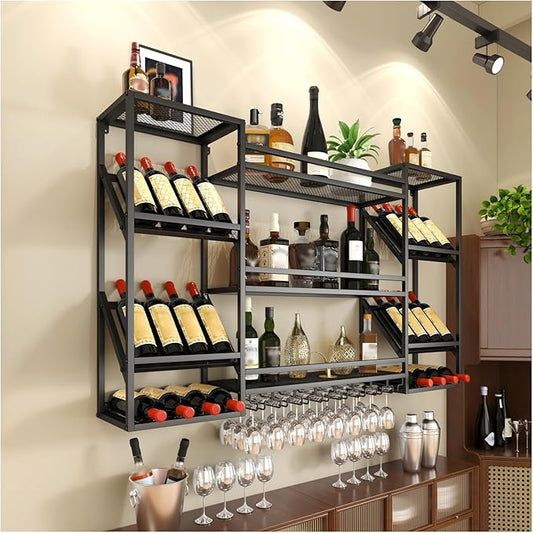 Wall-Mounted Wine Rack, 3-Tier Wine Bottle Display Shelf with Glass Holder, Metal Wine Rack Wall Mounted for Home Bar Kitchen Dining Room Coffee Shop (Black, 63in)