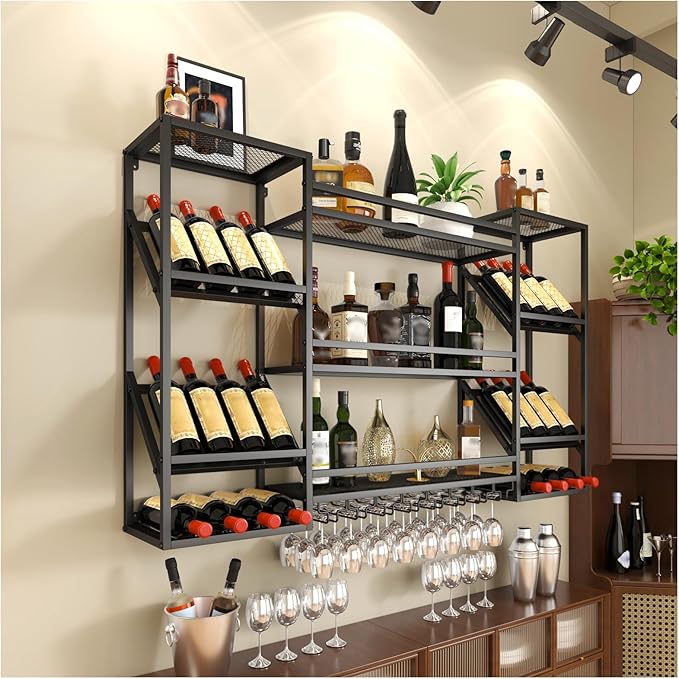 Wall-Mounted Wine Rack, 3-Tier Wine Bottle Display Shelf with Glass Holder, Metal Wine Rack Wall Mounted for Home Bar Kitchen Dining Room Coffee Shop (Black, 55in)