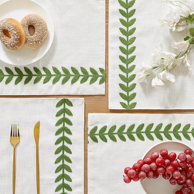 Wracra Embroidered Placemats, 13 x 18 Inch Set of 4 Placemats, Irregular Willow Rustic Place Mats for Kitchen Table and Heat Resistant, Green 4PCS