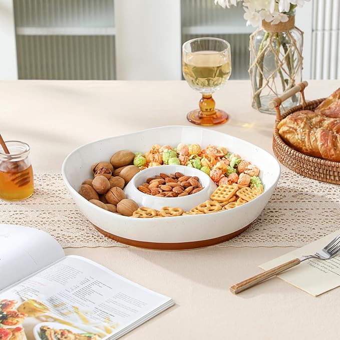 MALACASA Ceramic Chips and Dip Serving Tray, 12 Inch Large Divided Bowls Set for Salsa, Veggies & Dip, Appetizers, Snacks, Free-Form Serving Dish Platter for Parties Hosting & Entertaining, White