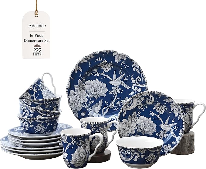 222 Fifth Adelaide 16-Piece Dark Blue Porcelain Dinnerware Set ??Service for 4, Plate, Bowl & Mug Set, Bird & Floral Design, for Everyday Dining & Entertainment, Microwave & Dishwasher Safe
