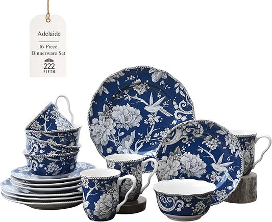 222 Fifth Adelaide 16-Piece Dark Blue Porcelain Dinnerware Set ??Service for 4, Plate, Bowl & Mug Set, Bird & Floral Design, for Everyday Dining & Entertainment, Microwave & Dishwasher Safe