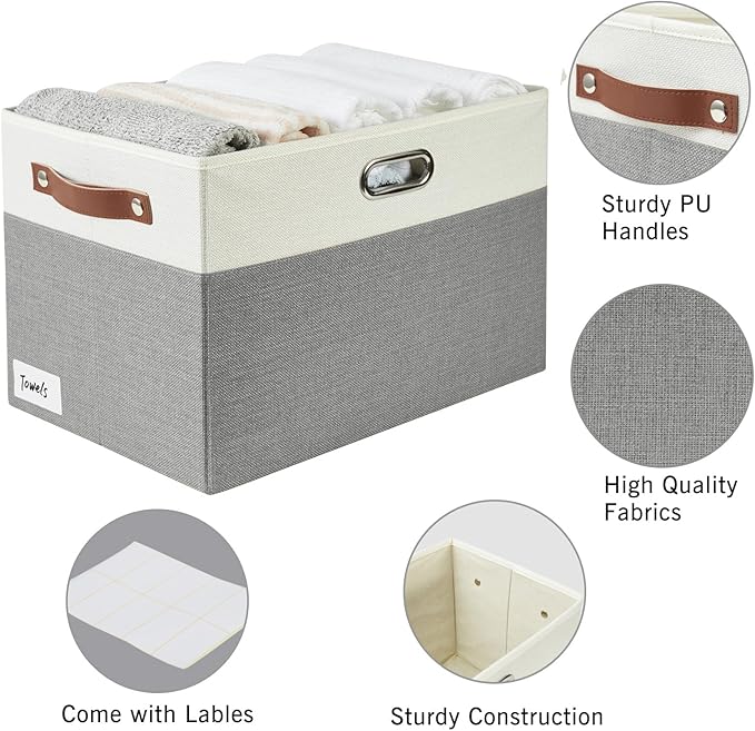 Bagnizer Large Collapsible Fabric Storage Bins with 3 Handles, Foldable Organizer Baskets for Closet, Shelves, Living Room | 3 Pack, Durable PU & Metal Handles (17"x11.8"x11.8", Gray & White)