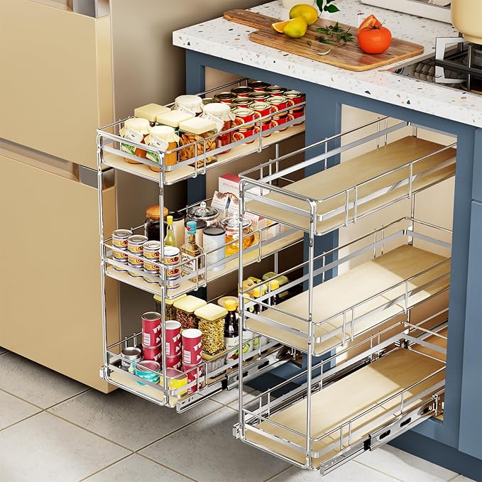 ROOMTEC 3-Tier Pull Out Cabinet Organizer Spice Rack for Narrow Cabinet 7" W x 20쩍" D, Slide Out Wood Shelves Storage for Kitchen