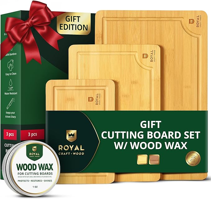 ROYAL CRAFT WOOD Bamboo Cutting Board Gift Set ??3-Piece Reversible Wooden Boards with Deep Juice Groove & Handles ??Premium Charcuterie & Butcher Blocks for Kitchen ??Holiday Gift-Ready Packaging