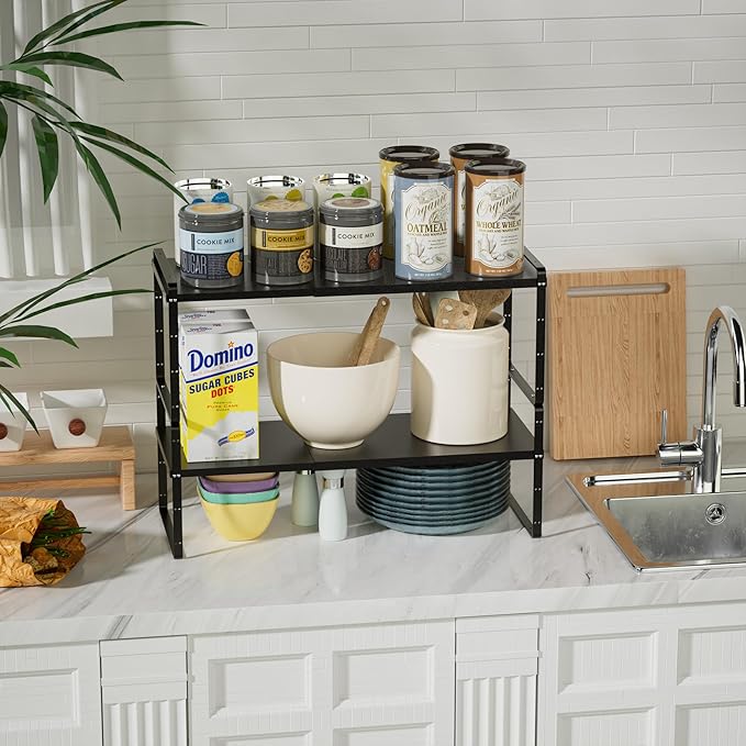 Cabinet Organizer Shelf Expandable,Pantry Organizer Stackable Shelves,Kitchen Counter Under Sink Storage Shelf for Kitchen,Countertop,Cupboard,Inside Cabinet,10.24" D,Black,2 Packs