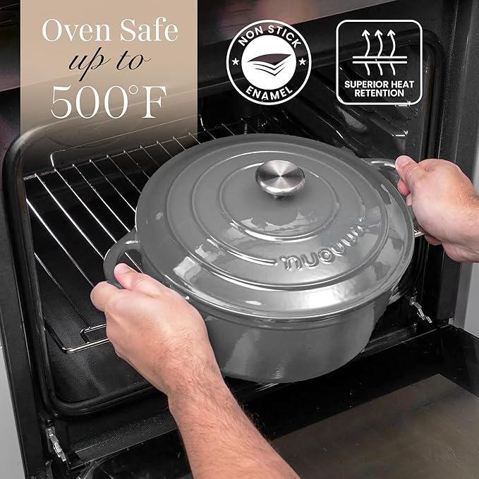 Nuovva Enamelled Cast Iron Dutch Oven Pot with Lid ??6.4 Quart Non Stick Casserole Pot ??Heavy Duty & Oven Safe up to 500째 F for Bread Baking, Braising, Stews, Roasting ??28cm Grey