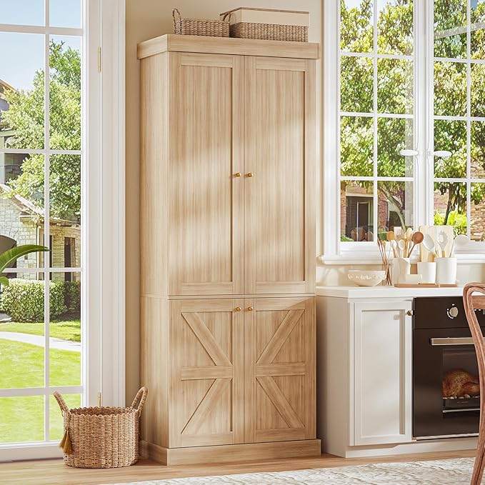 70.8" Tall Bookshelf with Doors, Farmhouse Modular Bookcase with 4-Tier Adjustable Shelves, Large Storage Cabinet for Kitchen, Home Office, Living Room, Brown