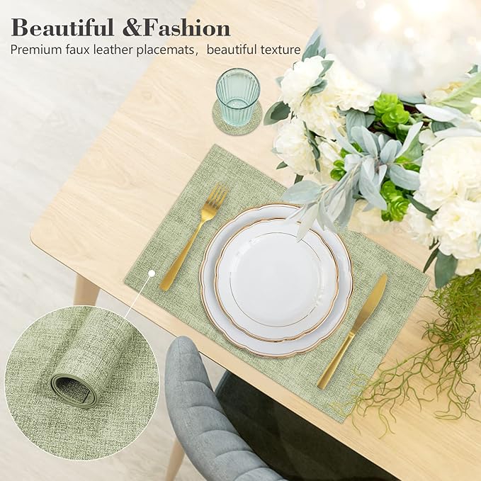 JUCCWARM Faux Leather Placemats Set of 6,Heat Resistant Placemats for Dining Table, Easy Clean Non-Slip Place Mats, Waterproof Stain Resistant Wipeable Washable PU Table Mats, (Light Green)