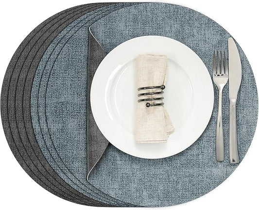 Myir JUN Round Placemats Dual Sided, Faux Leather Place Mats Set of 4 Indoor Placemats for Dining Table Outdoor Placemats Non-Slip Washable Table Mats (Set of 8, Gray Light Blue)