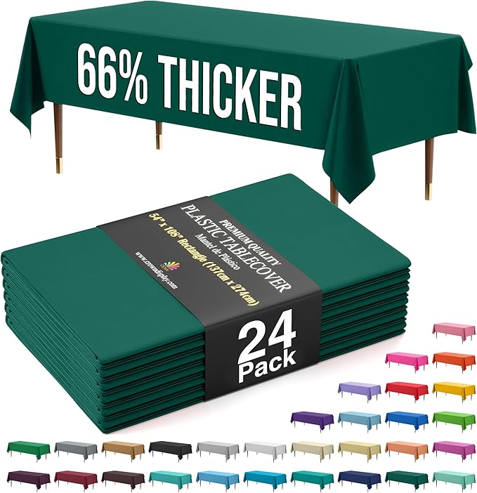 Exquisite 66% Thicker Premium Plastic Table Cloth Rectangle Table Cover 0.5 Mil 24 Pack Dark Green Table Cloth 54 Inch x 108 Inch Disposable Tablecloth Won't Tear Easily Like Cheap Thin Brands