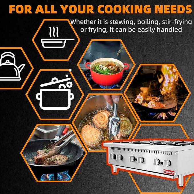 6 Burner Commercial Hot Plate, 36" Countertop Gas Stove Stainless Steel Natural Gas Range with Propane Conversion Kit Cooking Equipment for Restaurant Kitchen-150000 BTU