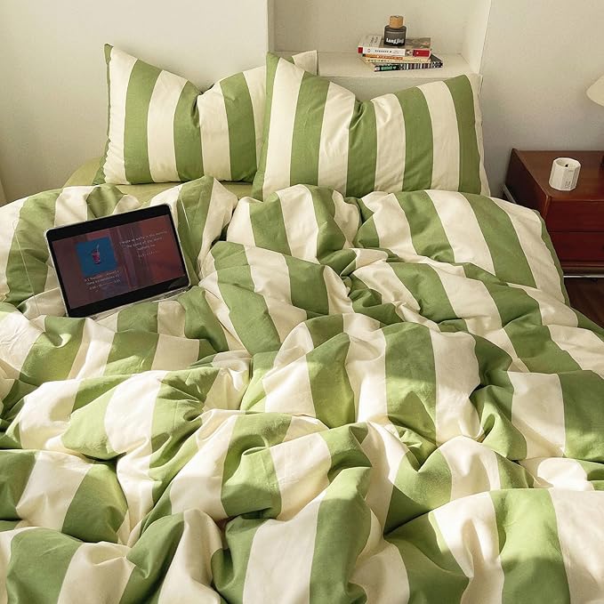 LifeTB Striped Comforter Set Queen Green White Stripes Pattern Printed Comforter 3 Pieces Lightweight Bedding Comforter with 2 Pillowcases Breathable Soft Comfy Farmhouse Striped Comforter Set