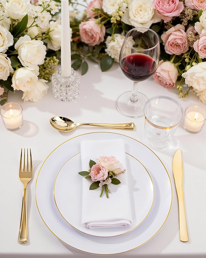 Nervure 100Pieces White with Gold Rim Plastic Plates - 7.5inch Disposable Gold Salad/Dessert Plate - White and Gold Plastic Plates Ideal for Wedding & Party & Thanksgiving