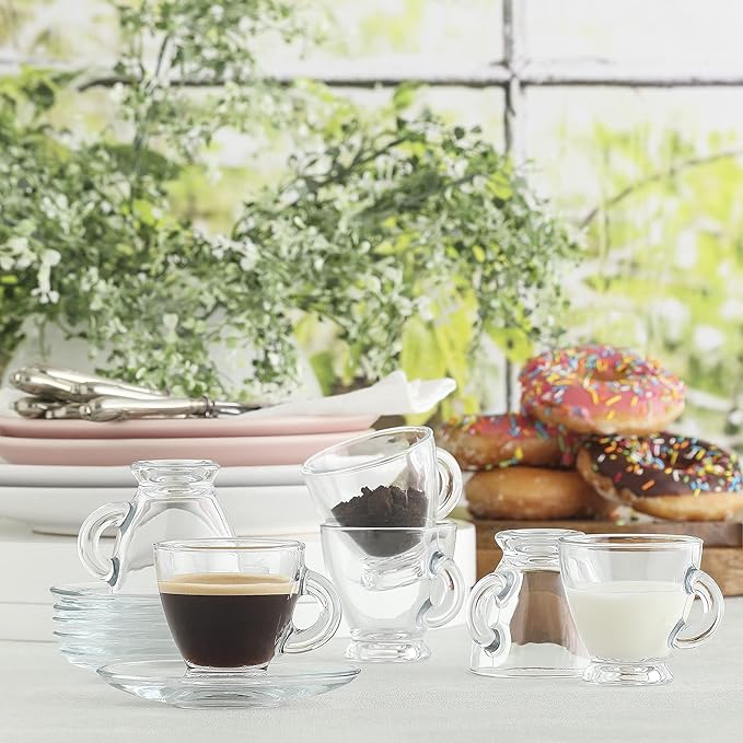 LAV Glass Coffee Cups, Saucers Set - Small Espresso Cups with Handle 3 oz - Small Clear Coffee Mug Latte Cups Set - 6 Cups + 6 Saucers - Mothers Day Gift, Housewarming - Juego de tazas para cafe