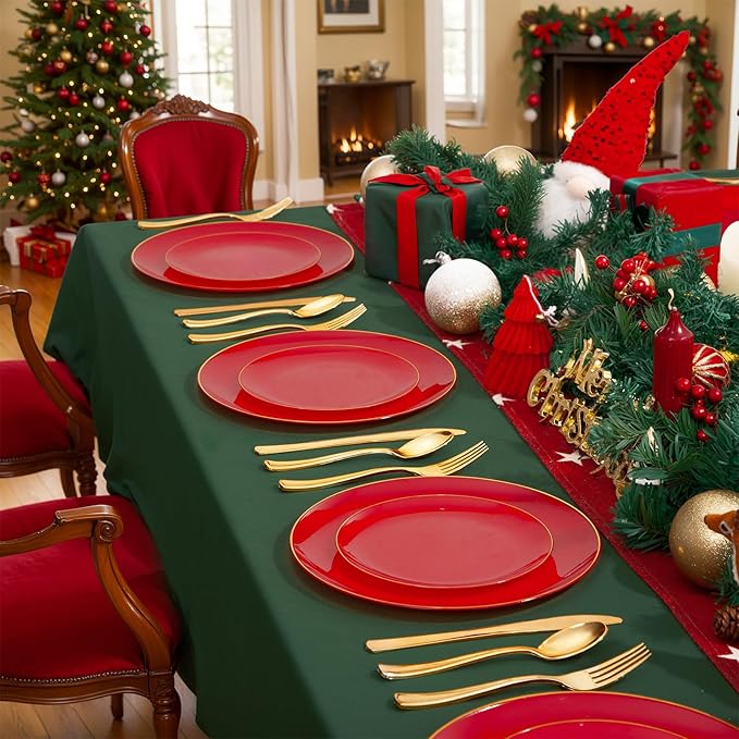 WDF 150Pcs Red Plastic Plates - Red Plates Disposable - 25Guest Christmas Dinnerware Include 25 Dinner Plate, 25 Dessert Plate, 75 Cutlery & 25 9oz Cups for Parties Valentine's Day
