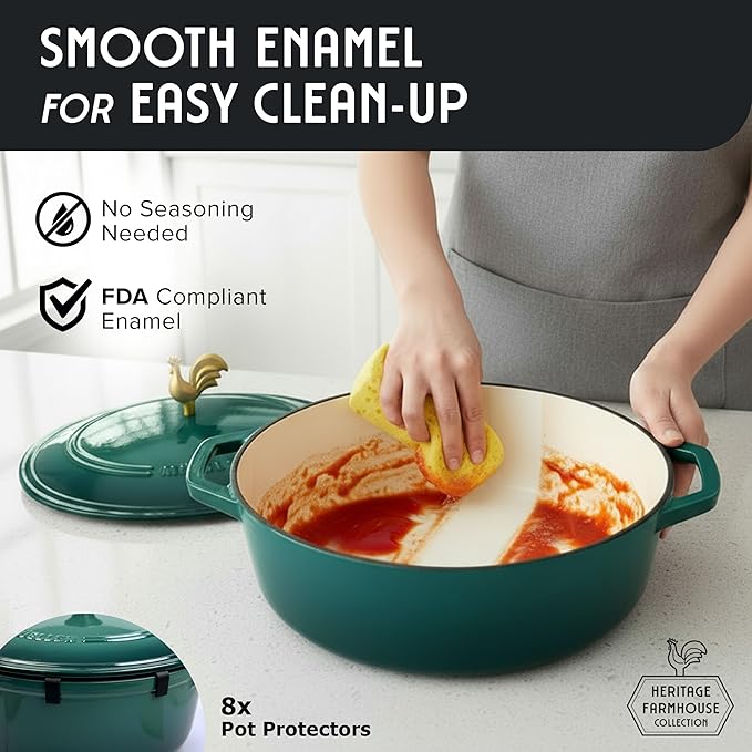 MUELLER HOME 5.5 Quart Enameled Cast Iron Oval Dutch Oven with Rooster Knob and Cotton Potholders, Heavy-Duty Cookware, Oven-Safe up to 500째 F & Across All Cooktops, Thanksgiving Essentials, Emerald