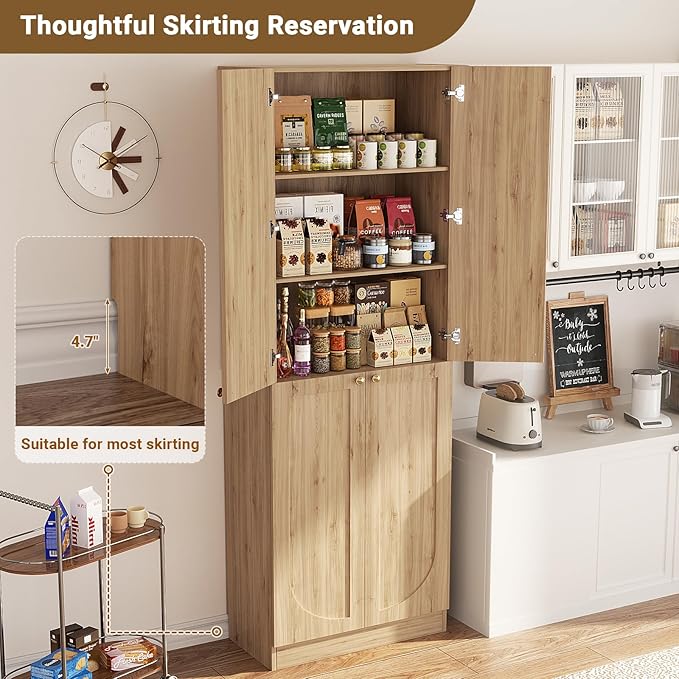 Cyclysio 80" Kitchen Pantry, Extra Tall Arch Storage Cabinet with 4 Doors and Adjustable Shelves, Freestanding Wood Cupboard with Seamless Fit Wall for Dining Living Room Bathroom Furniture (Natural)