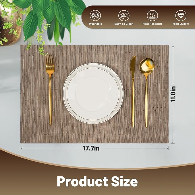 flohar Placemats Set of 6竊똍on-Slip PVC Weave Table Mats Easy to Clean竊똇eat Resistant Place Mats for Kitchen Dining Table Decoration Indoor Outdoor竊똋ight Brown