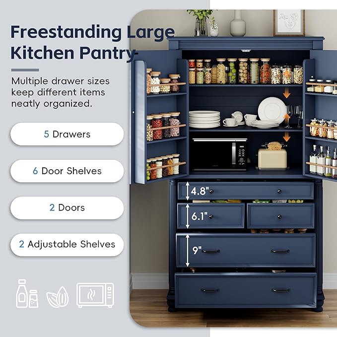Merax 77" Tall Large Kitchen Pantry Storage Cabinet with 2 Doors & 2 Adjustable Shelves & 5 Drawers & 6 Side Door Shelves, Modern Freestanding Food Pantry for Dining Room, Living Room, Blue