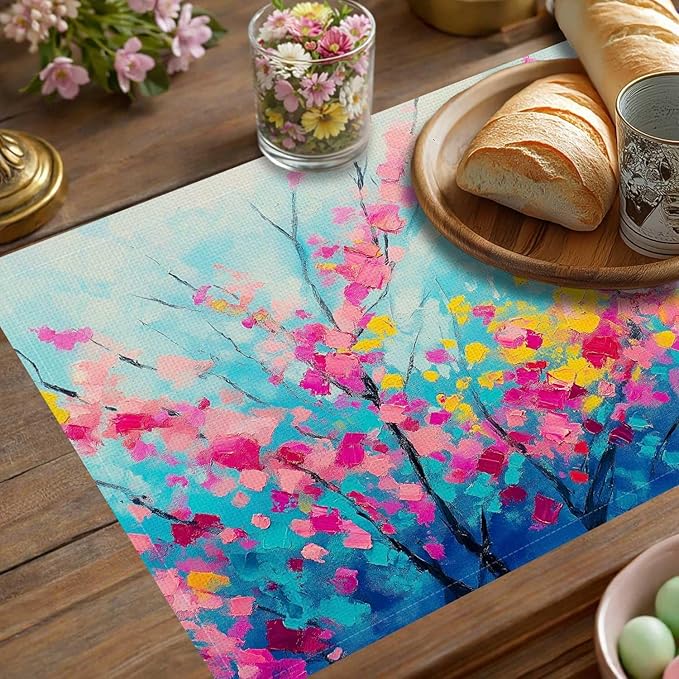 Jauageon Spring Summer Floral Placemat Set of 4 Placemats Flower Branch Table Mats for Indoor Outdoor Home Party Kitchen Dining Decor Farmhouse Burlap Table Mats 12x18 Inch
